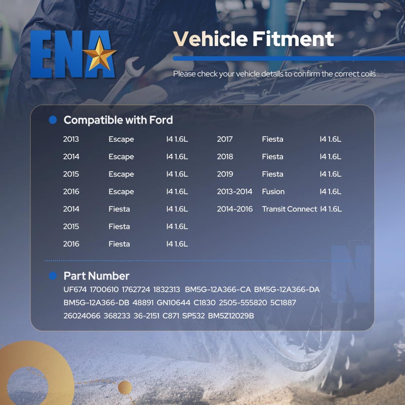 ENA Set of 4 Ignition Coil Pack Compatible with Ford 13-16 Escape, 2014 2015 2016 2017 2018 2019 Fiesta, 2013 2014 Fusion, 14-16 Transit Connect 1.6L Replace# UF674 1762724 1832313 26024066 C1830 - Image 3